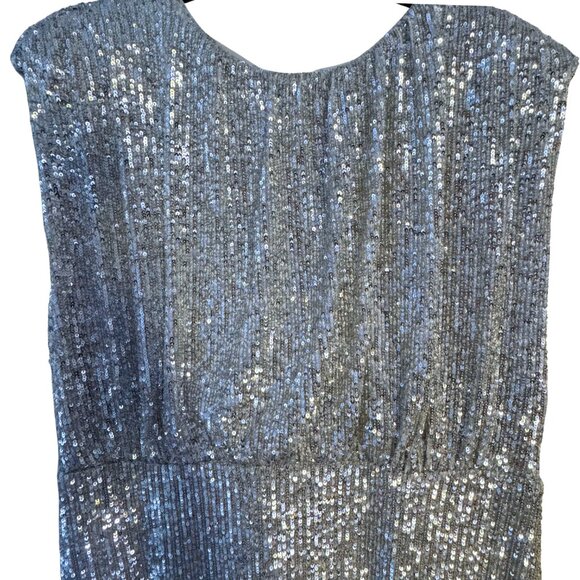 Ann Taylor Silver Sequin Midi Dress Shirred Waist Size 14 NEW - Picture 7 of 11